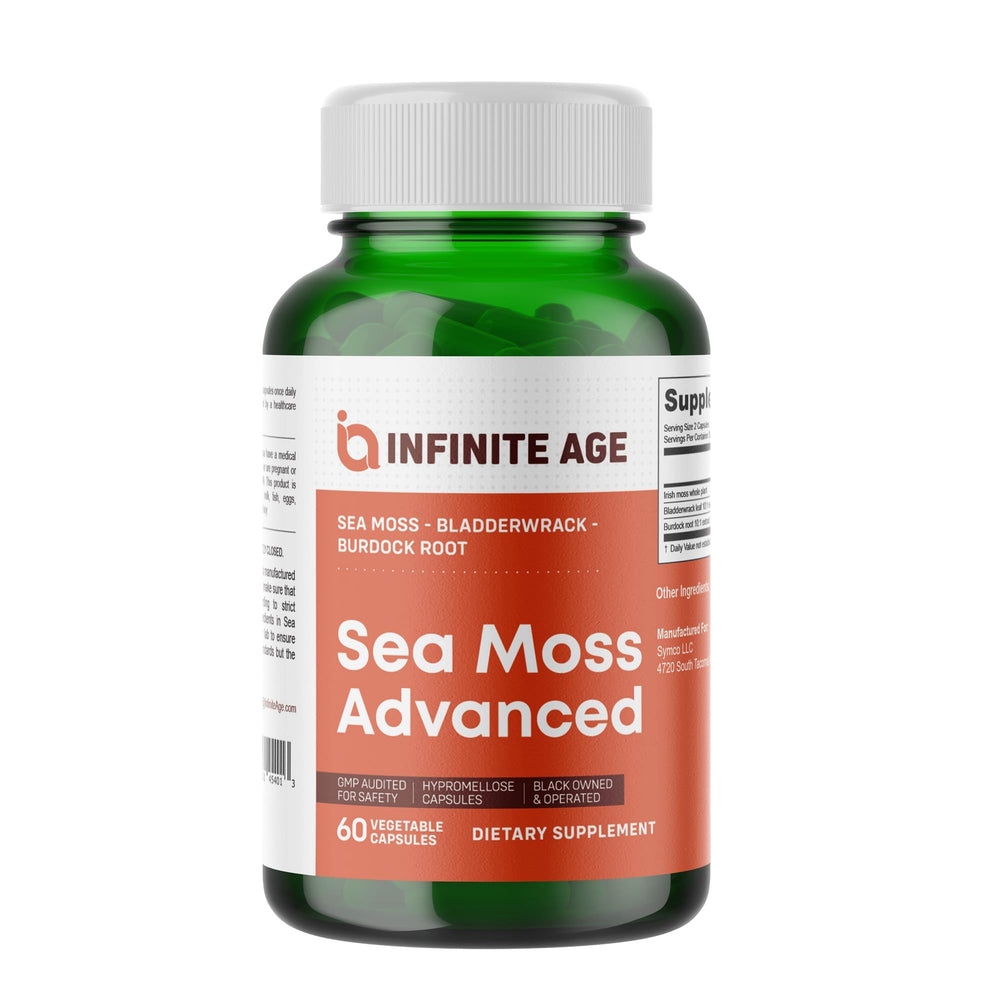 INFINITE AGE sea moss capsules bottle front for convenient daily wellness support