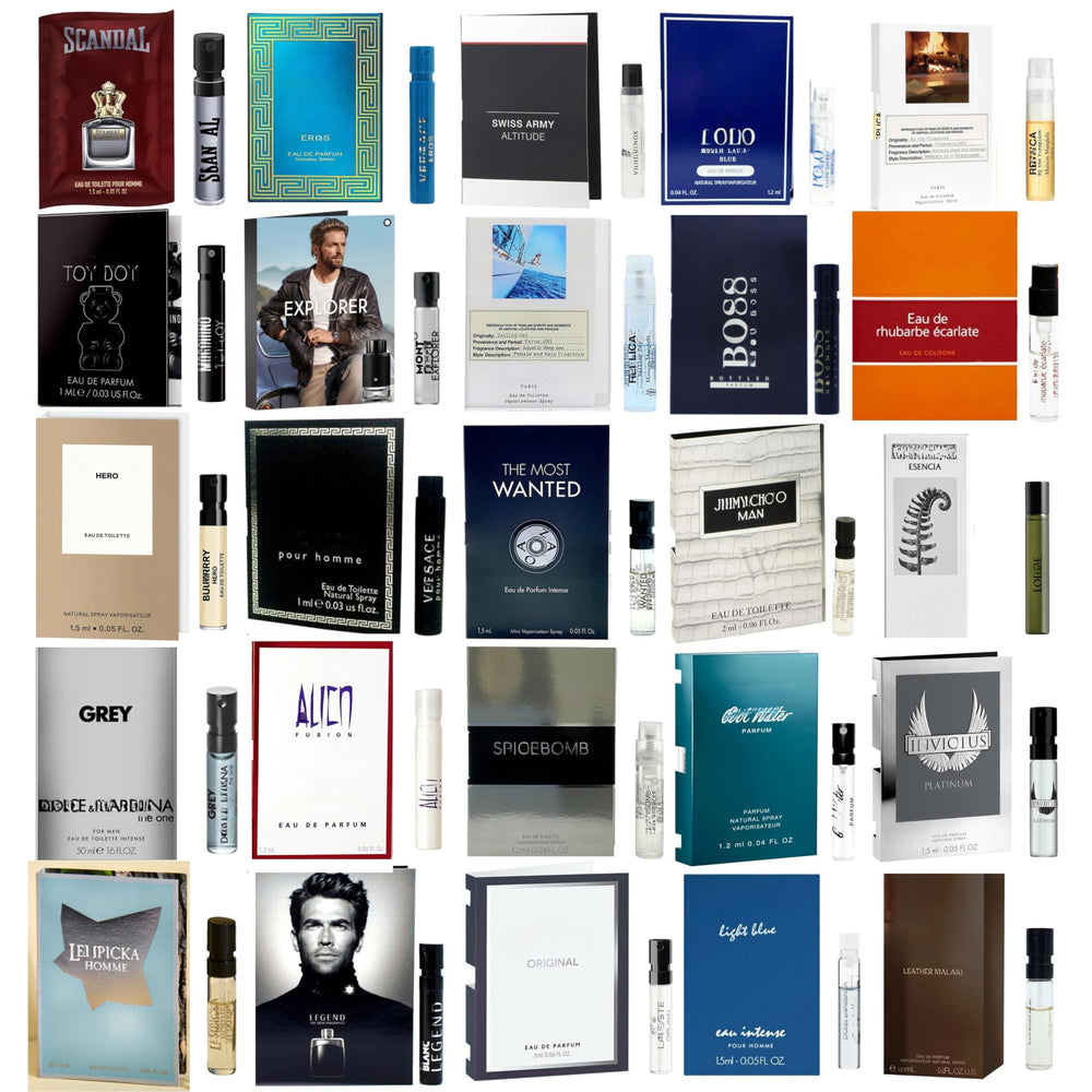 Infinite Scents cologne samples pack close-up showing ten vials for quick scent testing