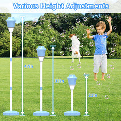 Infowush Bubble Machine with stability base design ensures steady operation on grass.