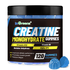 inGreens Creatine Gummies bottle front highlights convenient chewable 6 g servings for workouts.