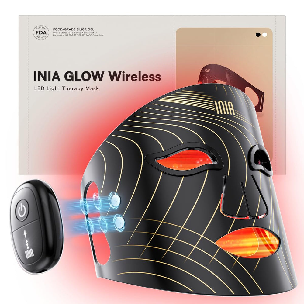 INIA Glow Mask with wireless battery for cordless skincare at home or travel.