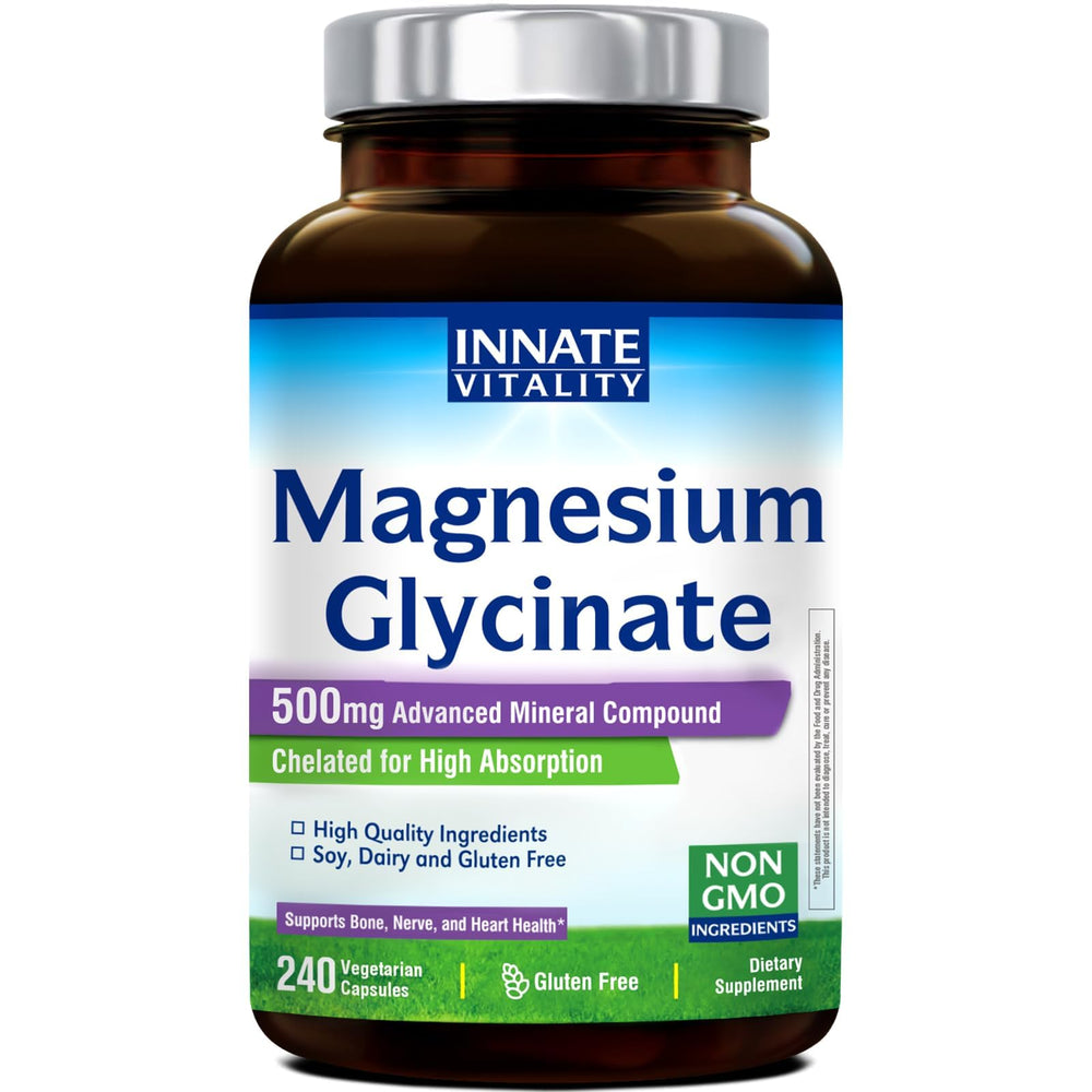 Innate Vitality Magnesium Glycinate bottle highlighting high absorption formula.