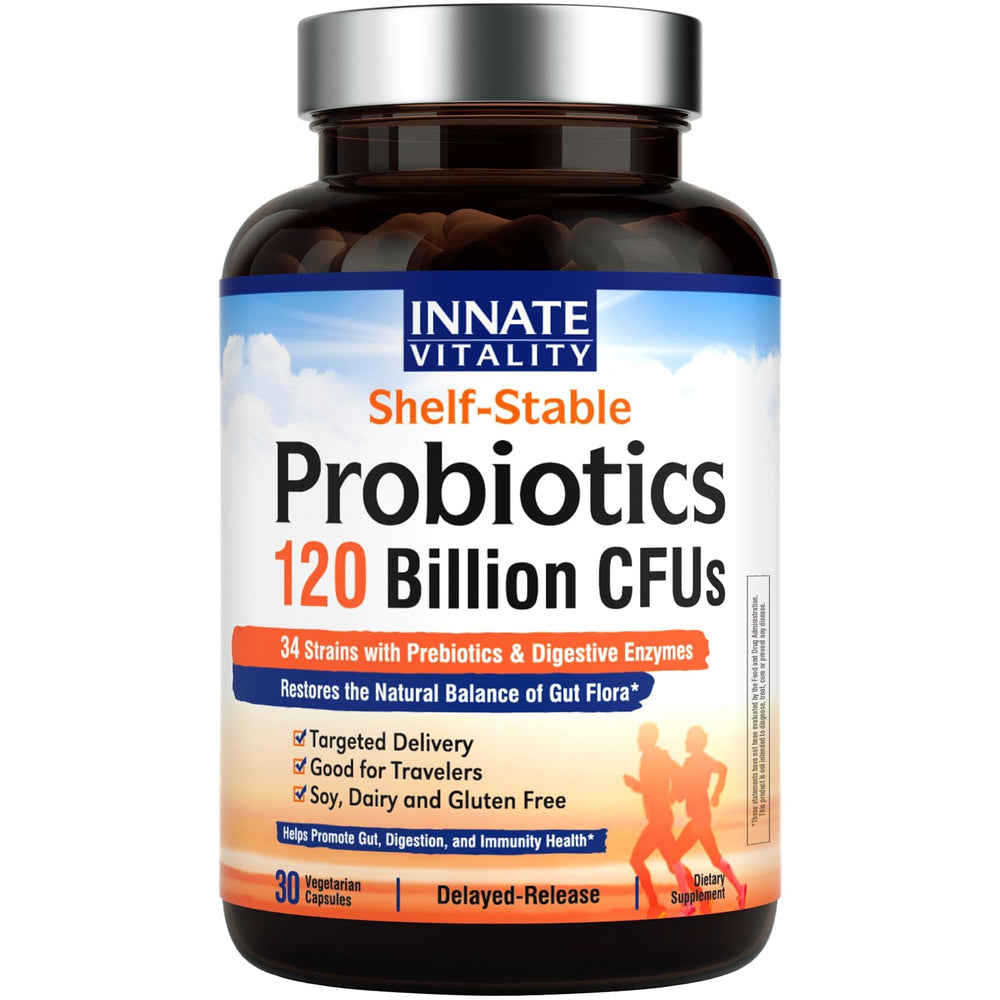 Innate Vitality Probiotics bottle front showing 120 Billion CFUs for gut balance