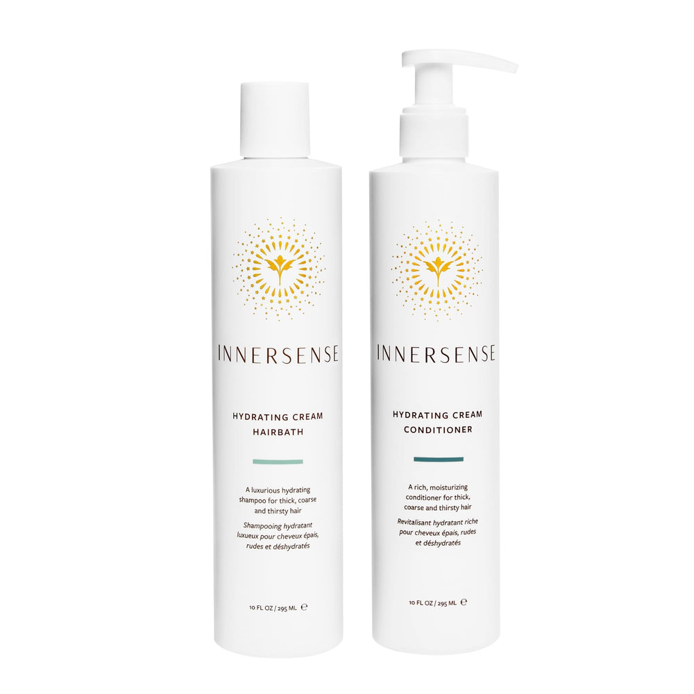 INNERSENSE natural-hydrating-hairbath-shampoo-bottle demonstrates creamy hydration for dry hair.