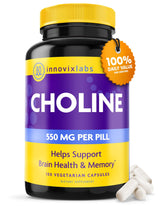 InnovixLabs Choline 550mg capsules bottle on a clean desk for daily focus.