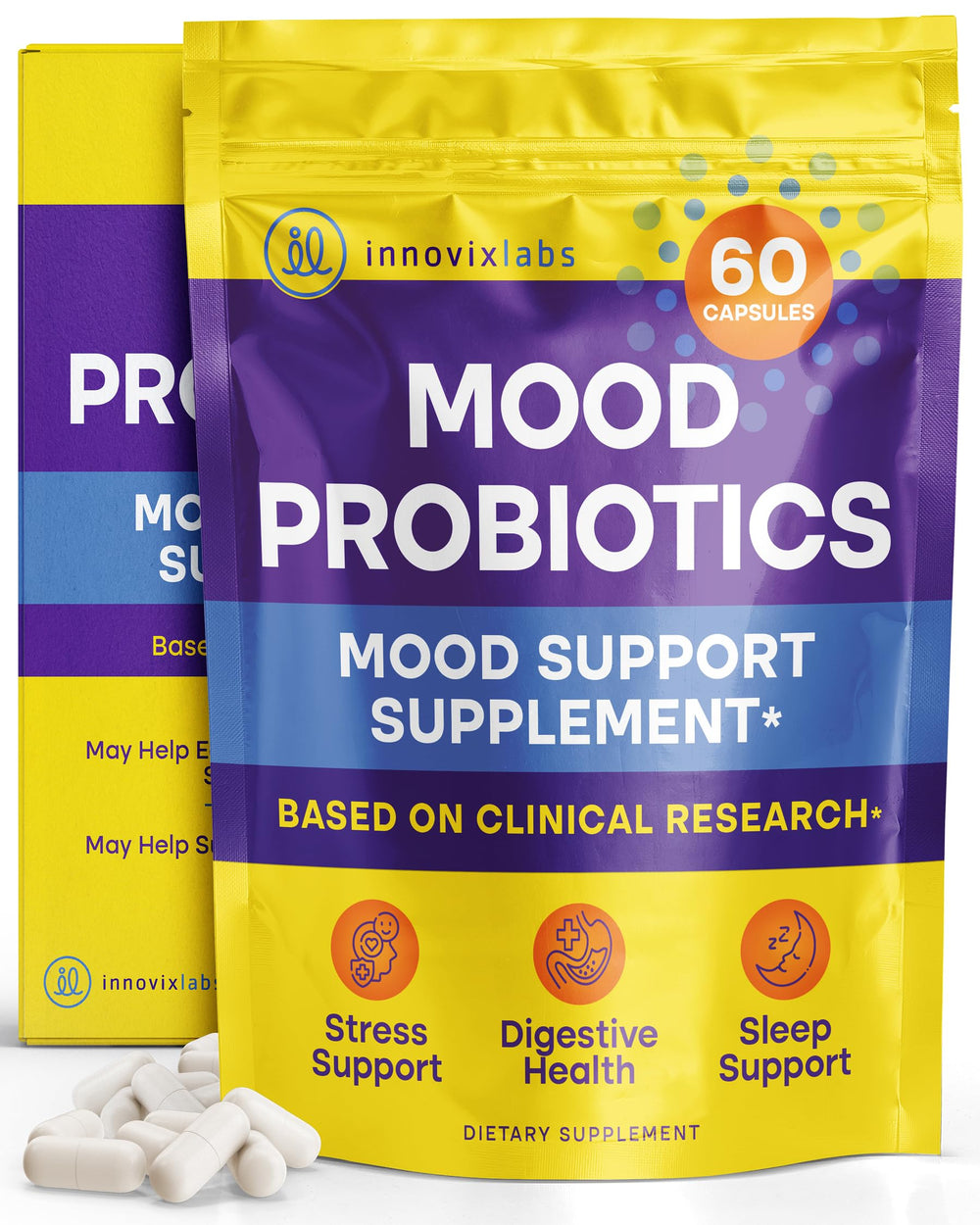 InnovixLabs Mood Probiotic bottle front view for daily digestive and mood support.