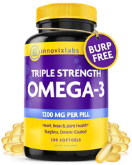InnovixLabs triple-strength omega-3 bottle highlights high potency for daily brain and joint support.