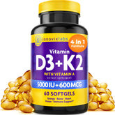 InnovixLabs Vitamin D3 K2-5000 IU bottle front showing label and product name, bone support potential.