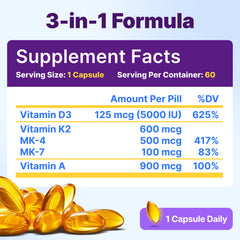 Innovative D3 K2 softgels pack close-up, easy-to-swallow daily supplement.