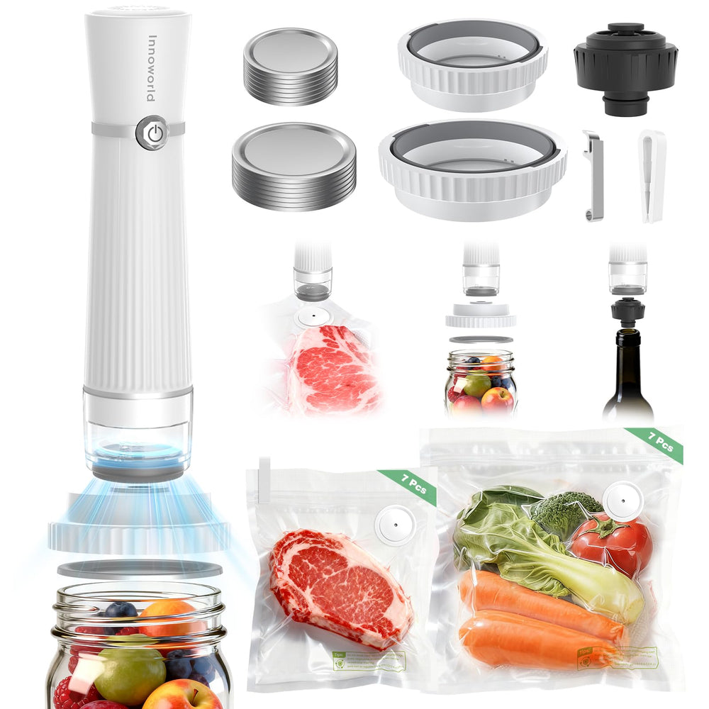 Innoworld 3-in-1 vacuum sealer with compact design seals bags quickly to preserve freshness.