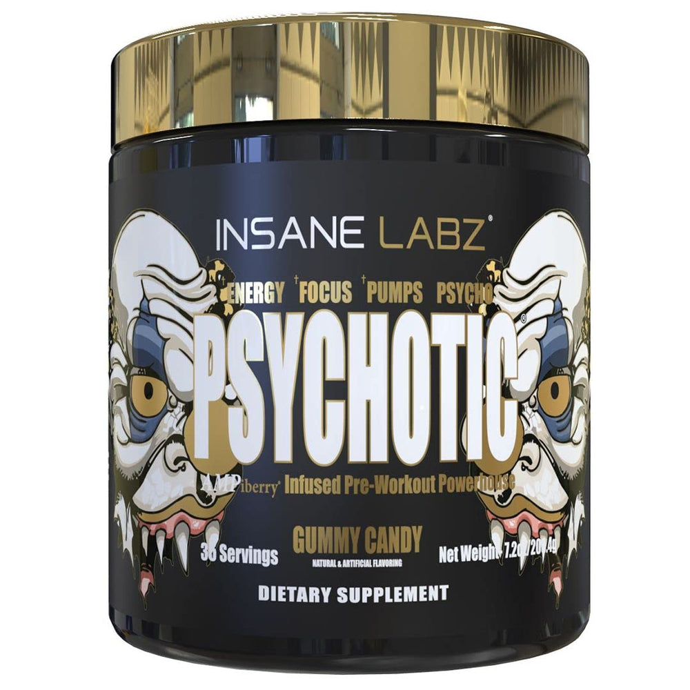Insane Labz Psychotic Gold bottle front for sustained workout energy.