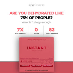 Instant Hydration Raspberry packets side info highlighting zero sugar and keto-friendly ingredients