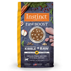 Instinct Raw Boost bag front highlights real chicken and grain-free formula.