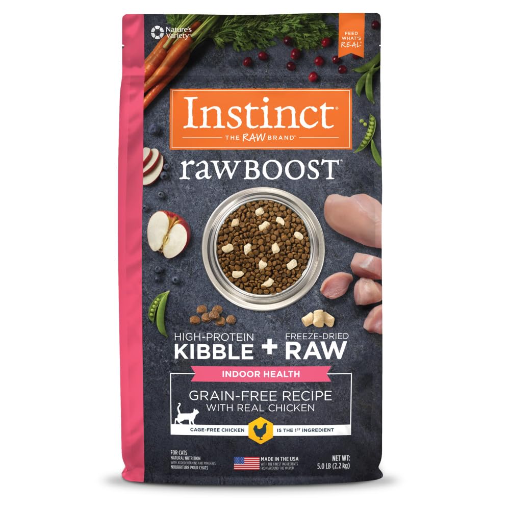 Instinct Raw Boost Indoor Health dry cat food bag shows grain-free nutrition for indoor cats.