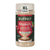 Instinct RawBoost Shakers beef recipe bottle showing protein boost for meals.