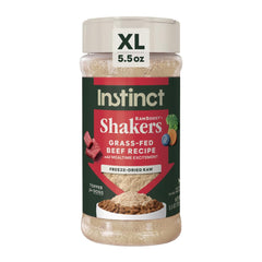 Instinct RawBoost Shakers beef recipe bottle showing protein boost for meals.