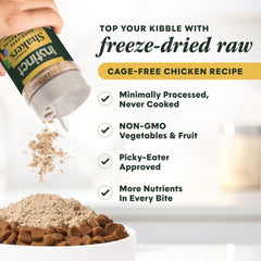 Instinct RawBoost Shakers pouring over kibble to boost taste and nutrition.