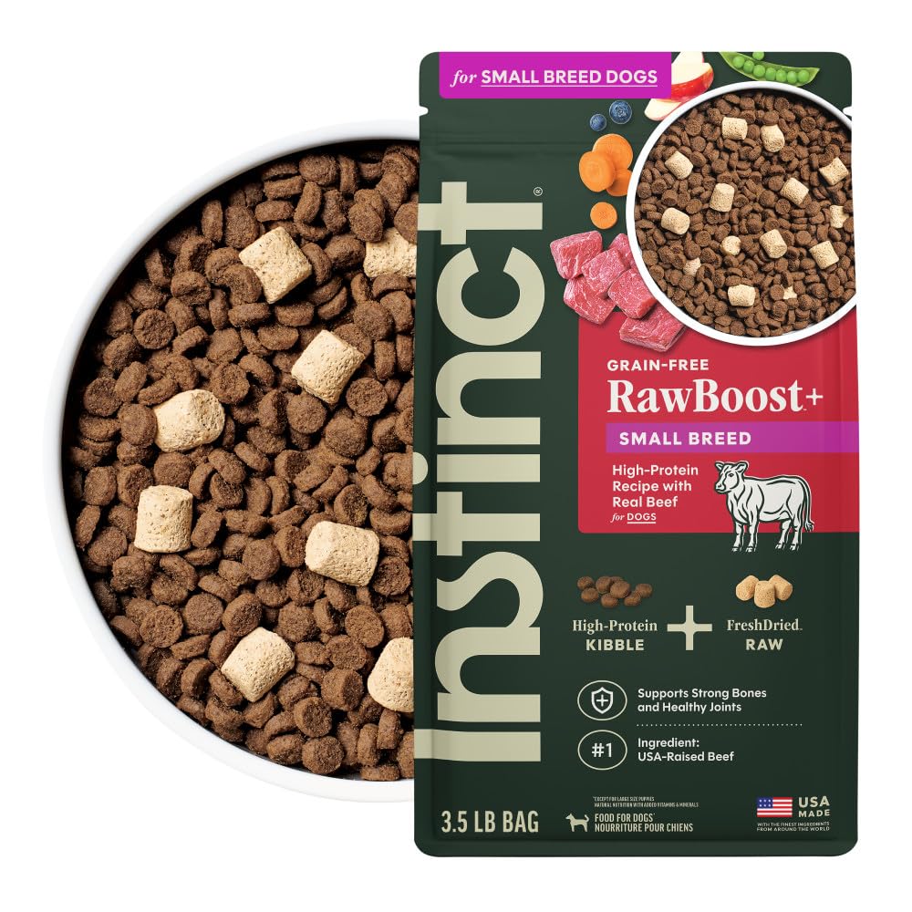 Instinct RawBoost Small Breed bag front shows real beef formula for active dogs.