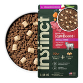 Instinct RawBoost Small Breed bag front shows real beef formula for active dogs.