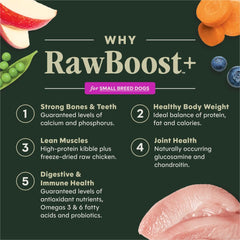 Instinct RawBoost small-breed kibble close-up shows FreshDried Raw texture and bold flavor