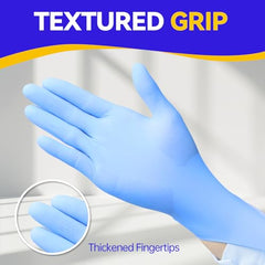 Intco Basic Medical blue nitrile gloves palm thickness visible for protection hint.