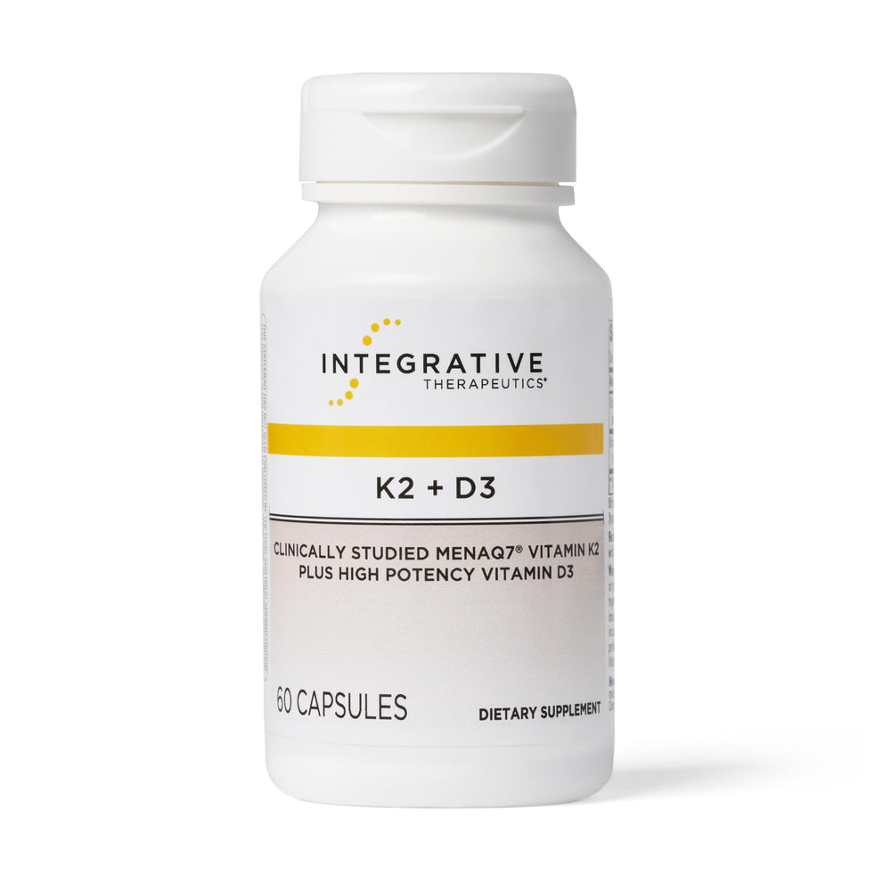 Integrative Therapeutics K2 + D3 bottle showing label highlighting K2 and D3 benefits for bone and heart support.