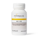 Integrative Therapeutics K2 + D3 bottle showing label highlighting K2 and D3 benefits for bone and heart support.