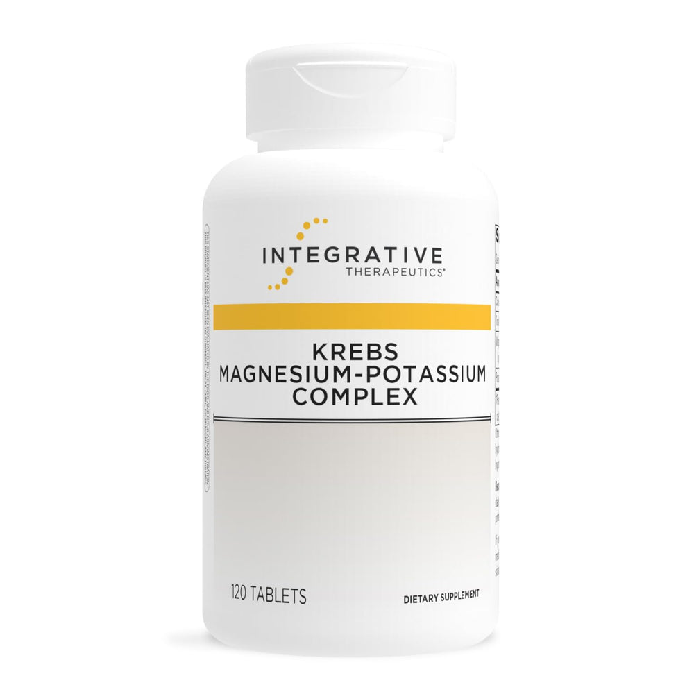 Integrative Therapeutics Krebs Magnesium Potassium Complex bottle on counter for daily heart support.