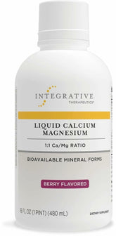 Integrative Therapeutics liquid calcium magnesium berry bottle shows label for daily bone support.