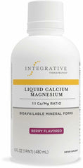 Integrative Therapeutics liquid calcium magnesium berry bottle shows label for daily bone support.