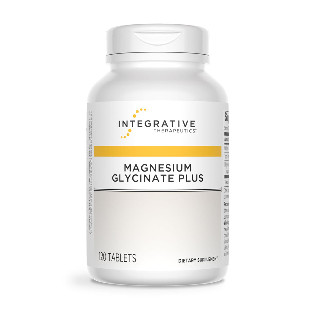 Integrative Therapeutics Magnesium Glycinate Plus bottle highlighting heart and brain support benefits.