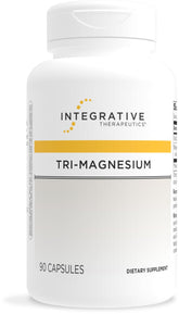Integrative Therapeutics Tri-Magnesium bottle and capsules illustrating energy support