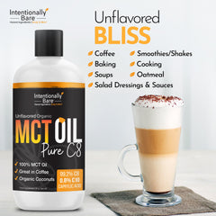 Intentionally Bare MCT Oil unflavored liquid blends neutrally into coffee and foods.