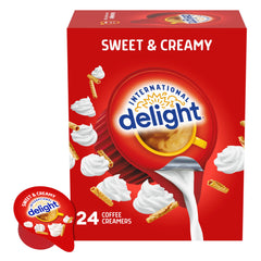 International Delight coffee creamer singles box, 24-pack, travel-friendly sweetness.