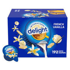 International Delight French Vanilla creamer pack, 192-count, ideal for homes and offices.