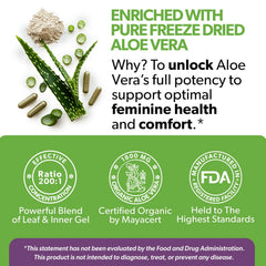 Ingredients panel shows aloe vera with D-Mannose for urinary health support.