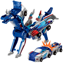 Intoypad collision transforming dinosaur car blue dragon in action, highlighting safe, 2-in-1 play