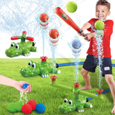 Intoypad crocodile sprinkler in action for backyard water play and baseball practice.