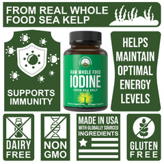 Iodine supplement packaging close-up showing vegan and GMO-free formula.