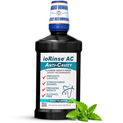 ioRinse AC bottle front with mint label highlighting enamel protection and gentle, alcohol-free formula.