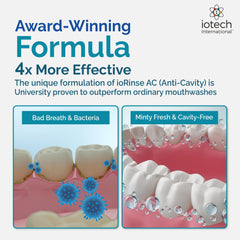 ioRinse AC mint splash shows refreshing rinse for sensitive mouths.