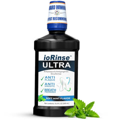 ioRinse Ultra bottle front for a trusted, alcohol-free mouthwash promoting fresh breath.