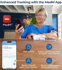 iProvèn monitor syncs via Bluetooth with MedM app on a smartphone.
