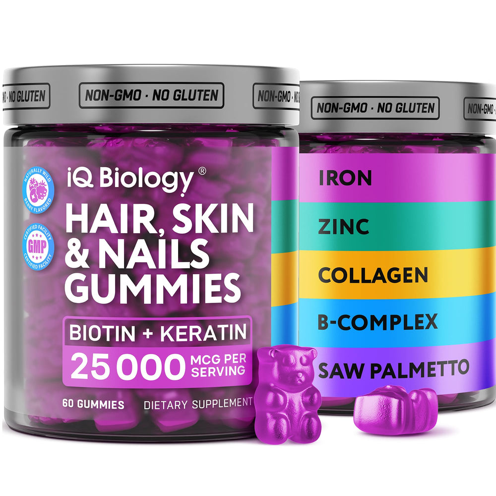 IQ Biology Biotin Gummies bottle supports hair, skin, and nails health.