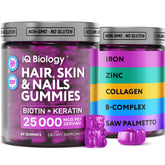 IQ Biology Biotin Gummies bottle supports hair, skin, and nails health.