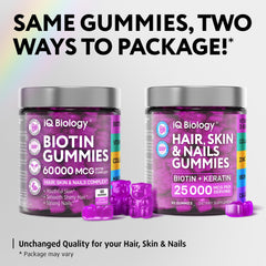 IQ Biology Biotin Gummies label closeup shows balanced 5000 mcg dose.