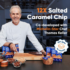 IQBAR Salted Caramel Chip closeup reveals chewy texture and premium plant protein