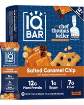 IQBAR Salted Caramel Chip packaging showing clean-label ingredients and keto-friendly balance