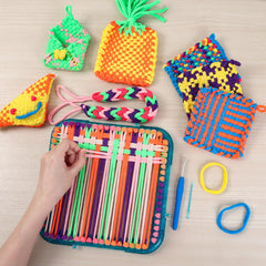 IQKidz weaving loom kit storage box keeps pieces organized and portable.