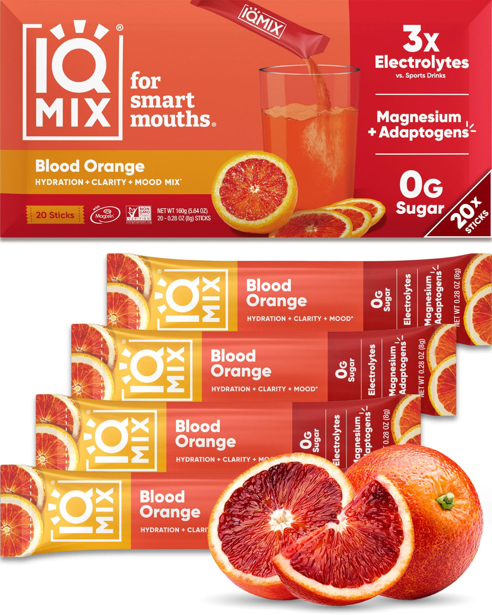 IQMIX hydration packets in Blood Orange packaging provide refreshing hydration on the go